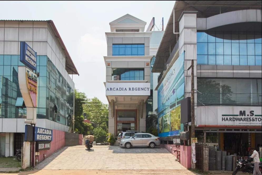 Exterior facade and entrance of Hotel Arcadia Regency in Alleppey