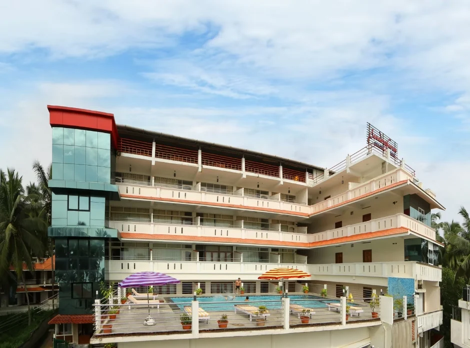 Exterior facade and entrance of Samudra Theeram Beach Resort in Kovalam
