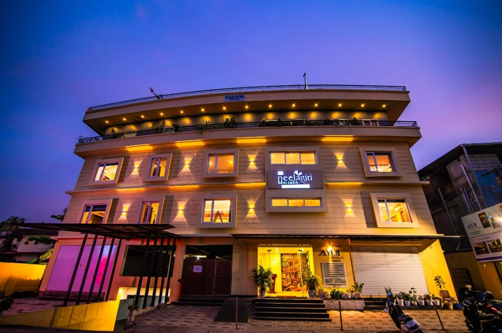 Exterior facade and entrance of Neelagiri Heritage Hotel in Kozhikode