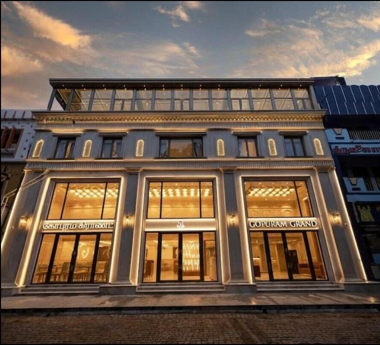 Exterior facade and entrance of Gopuram Grand in Madurai