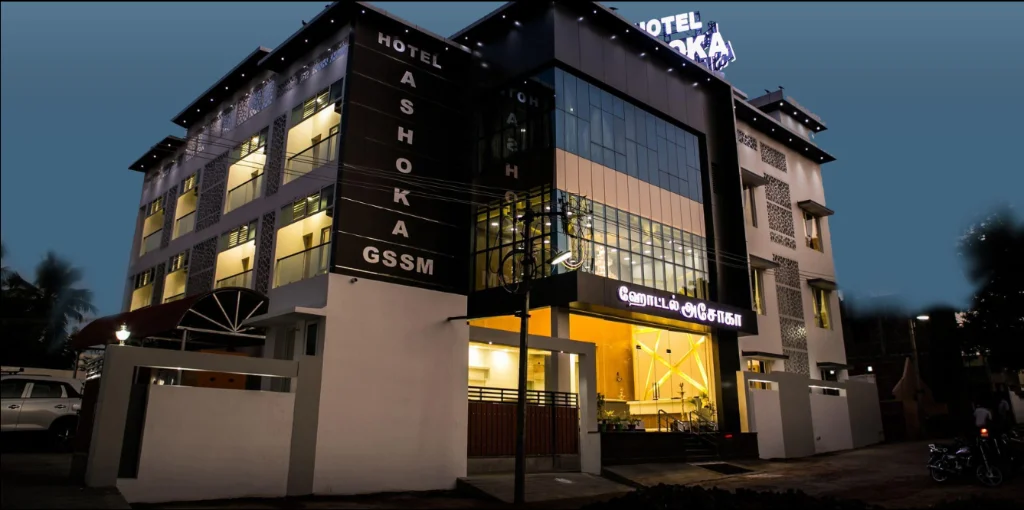 Exterior facade and entrance of Hotel Ashoka in Rameshwaram